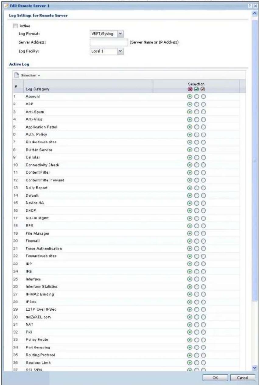 ZYXEL USG 20 Security Bundle - Edit Remote Server Log Settings - 1