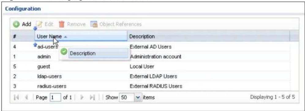 Configuration Add Edit Remove Object References User Name Description 4 ad-users External AD Users 1 admin Description Administration account 5 guest Local User 2 ldap-users External LDAP Users 3 radius-users External RADIUS Users Page 1 of 1 Show 50 items Displaying 1 - 5 of 5