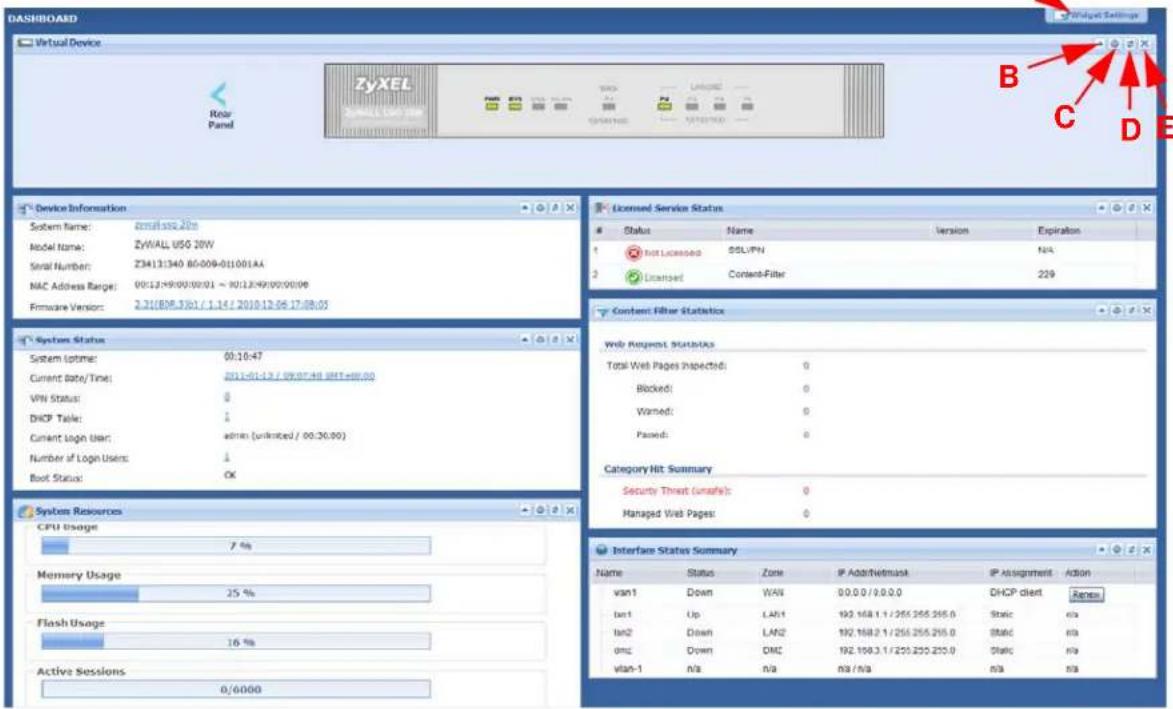 DASHBOARD Virtual Device Roar Panel ZyXEL C:\Users\100\100\100\100\100\100\100\100\100\100\100\100\100\100\100\100\100\100\100\100\100\100\100\100\100\10 B C D E Device Information System Name: zmall.sso.2bn Model Name: ZYHALL USG 2GW Serial Number: Z34131340 86:009-011001AA MAC Address Range: 09:12:99:09:09:01 ~ 89:12:99:09:09:09 Firmware Version: 2.32(808.35) / 1.14 / 2018.12.06 17:08:05 System Status System Iqtime: 09:16:47 Current Rate/Time: 2011-01-13 / 09:07:44 GMT=688.00 VW Status: 0 DHCP Table: 1 Current Login User: admin (unlimited / 09:30:00) Number of Login Users: 1 Boot Status: OK System Resources CPU Usage 7 % Memory Usage 25 % Flash Usage 16 % Active Sessions 0/6000 Licensed Service Status Status Name Version Expiration Not Licensed SQLVPN N/A Licensed Content-Filter 229 Content Filter Statistics Web Request Statistics Total Web Pages Inspected: 0 Blocked: 0 Warning: 0 Passed: 0 Category Hit Summary Security Threat (unsafe): 0 Managed Web Pages: 0 Interface Status Summary Name Status Zone IP Add/Netmask IP Assignment Action van1 Down WAR 09.0.0 / 9.0.0 DHCP client Apres lan1 Up LAN1 192.168.1.1 / 255.255.255.0 Static n/a lan2 Down LAN2 192.168.2.1 / 255.255.255.0 Static n/a dmc Down DMC 192.199.3.1 / 255.255.255.0 Static n/a vlan-1 n/a n/a n/a/n/a n/a n/a