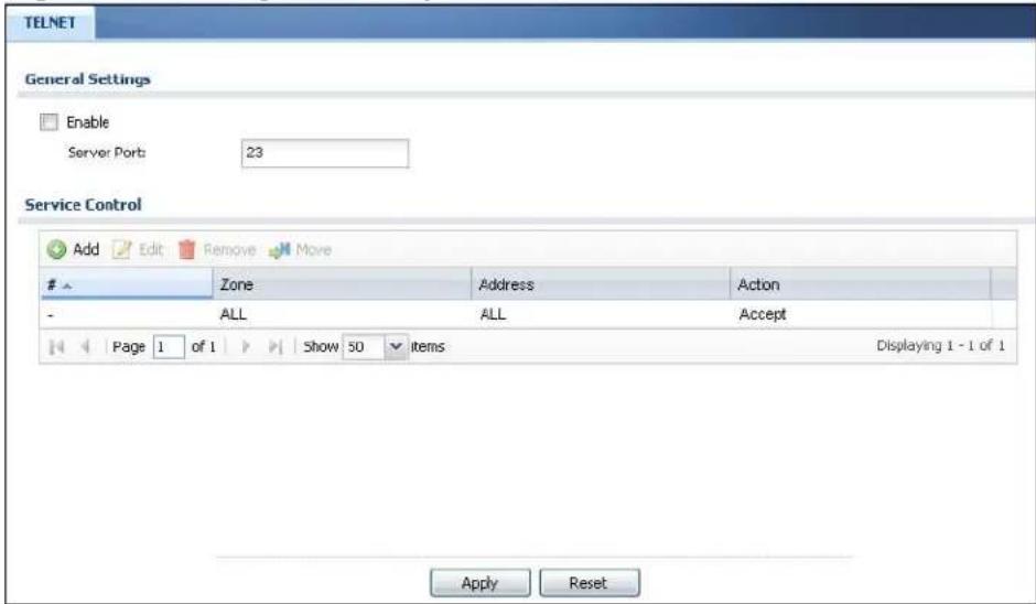 TELNET General Settings Enable Server Port: 23 Service Control Add Edit Remove More Zone Address Action - ALL ALL Accept Page 1 of 1 Show 50 items Displaying 1 - 1 of 1 Apply Reset