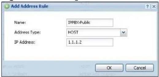 Add Address Rule Name: IPPBX-Public Address Type: HOST IP Address: 1.1.1.2 OK Cancel
