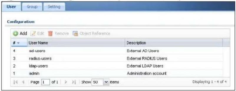 User Group Setting Configuration Add Edit Remove Object Reference User Name Description 4 ad-users External AD Users 3 radius-users External RADIUS Users 2 ldap-users External LDAP Users 1 admin Administration account Page 1 of 1 Show 50 items Displaying 1 - 4 of +
