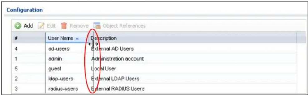 Configuration Add Edit Remove Object References User Name Description 4 ad-users External AD Users 1 admin Administration account 5 guest Local User 2 ldap-users External LDAP Users 3 radius-users External RADIUS Users