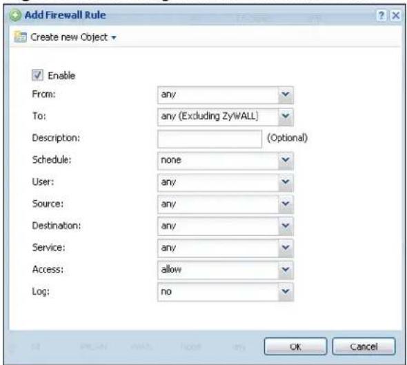 Add Firewall Rule Create new Object Enable From: any To: any (Excluding ZyWALL) Description: (Optional) Schedule: none User: any Source: any Destination: any Service: any Access: allow Log: no OK Cancel