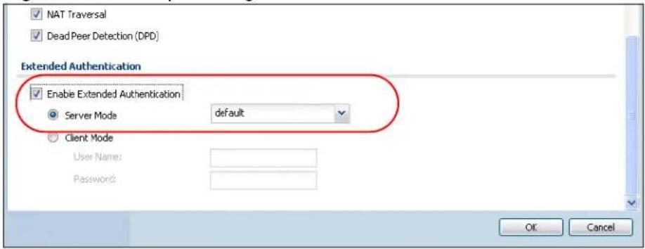 NAT Traversal Dead Peer Detection (DPD) Extended Authentication Enable Extended Authentication Server Mode default Client Mode User Name: Password: OK Cancel