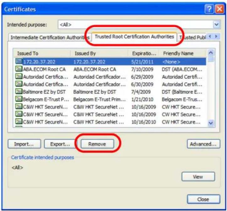 Certificates Intended purpose: Intermediate Certification Authorities Trusted Root Certification Authorities Trusted Publ Issued To Issued By Expiratio... Friendly Name 172.20.37.202 172.20.37.202 5/21/2011 ABA.ECOM Root CA ABA.ECOM Root CA 7/10/2009 DST (ABA.ECOM... Autoridad Certifica... Autoridad Certificador... 6/29/2009 Autoridad Certifi... Autoridad Certifica... Autoridad Certificador... 6/30/2009 Autoridad Certifi... Baltimore EZ by DST Baltimore EZ by DST 7/4/2009 DST (Baltimore E... Belgacom E-Trust P... Belgacom E-Trust Prim... 1/21/2010 Belgacom E-Trus... C&W HKT SecureN... C&W HKT SecureNet ... 10/16/2009 CW HKT Secure... C&W HKT SecureN... C&W HKT SecureNet ... 10/16/2009 CW HKT Secure... C&W HKT SecureN... C&W HKT SecureNet ... 10/16/2010 CW HKT Secure... Import... Export... Remove Advanced... Certificate intended purposes View Close