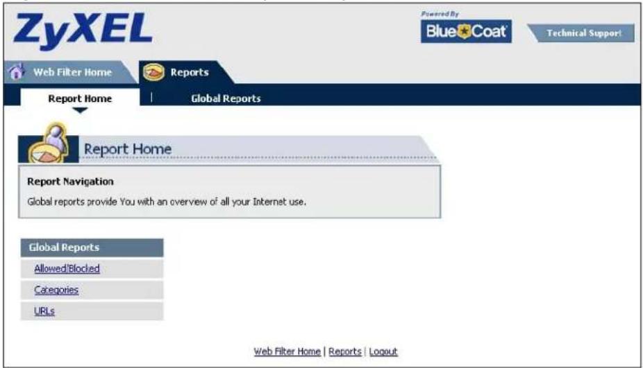 ZyXEL Powered By BlueCoat Technical Support Web Filter Home Reports Report Home | Global Reports Report Home Report Navigation Global reports provide You with an overview of all your Internet use. Global Reports Allowed/Blocked Categories URLs Web Filter Home | Reports | Logout