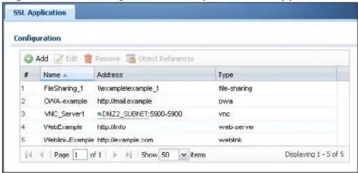 SSL Application Configuration Add Edit Remove Object References Name Address Type 1 FileSharing_1 \example\example_1 file-sharing 2 OVA-example http://mail.example owa 3 VNC_Server1 ≈DMZ2_SUBNET:5900-5900 vnc 4 WebExample http://info web-server 5 Weblink-Example http://example.com weblink Page 1 of 1 Show 50 items Displaying 1 - 5 of 5