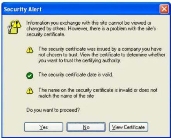 Security Alert Information you exchange with this site cannot be viewed or changed by others. However, there is a problem with the site's security certificate. The security certificate was issued by a company you have not chosen to trust. View the certificate to determine whether you want to trust the certifying authority. The security certificate date is valid. The name on the security certificate is invalid or does not match the name of the site Do you want to proceed? Yes No View Certificate