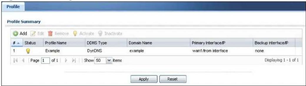 Profile Profile Summary Add Edit Remove Activate Inactivate Status Profile Name DDNS Type Domain Name Primary Interface/P Backup Interface/P 1 Example DynDNS example wan1/from interface none Page 1 of 1 Show 50 items Displaying 1 - 1 of 1 Apply Reset