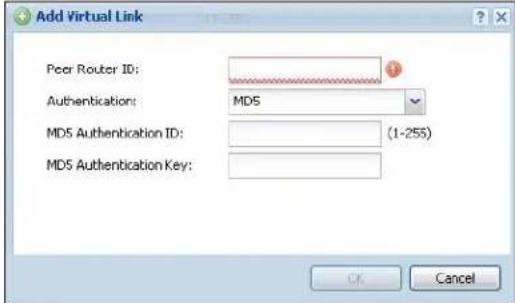 Add Virtual Link Peer Router ID: Authentication: MDS MDS Authentication ID: (1-255) MDS Authentication Key: OK Cancel