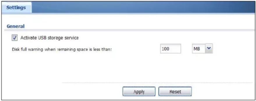Settings General ✓ Activate USB storage service Disk full warning when remaining space is less than: 100 MB Apply Reset