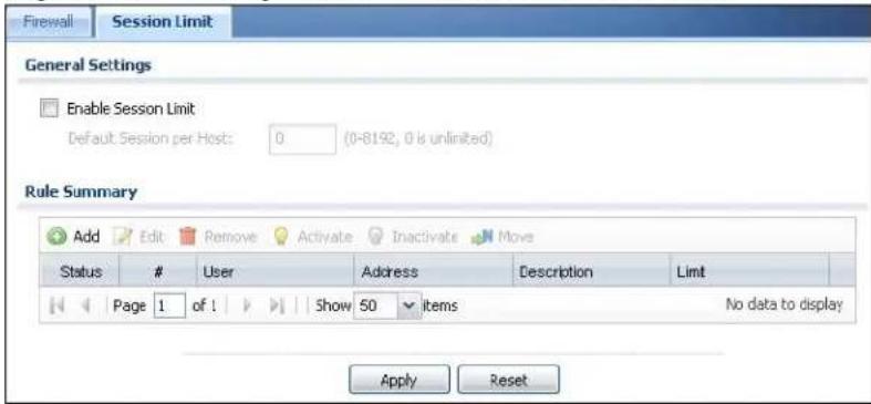 Firewall Session Limit General Settings Enable Session Limit Default Session per Host: 0 (0-8192, 0 is unlimited) Rule Summary Add Edit Remove Activate Inactivate Move Status # User Address Description Limit Page 1 of ! Show 50 items No data to display Apply Reset
