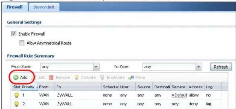 Firewall Session init General Settings Enable Firewall Allow Asymmetrical Route Firewall Rule Summary From Zone: any To Zone: any Refresh Add Edit Remove Activate Inactivate Move Stat Priority From To Schedule User Source Destinall Service Access Log 1 WAN ZYWALL none any any any Default allow no 2 WAN ZYWALL none any any any any deny log
