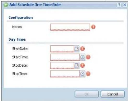 Add Schedule One Time Rule Configuration Name: Day Time StartDate: StartTime: StopDate: StopTime: OK Cancel