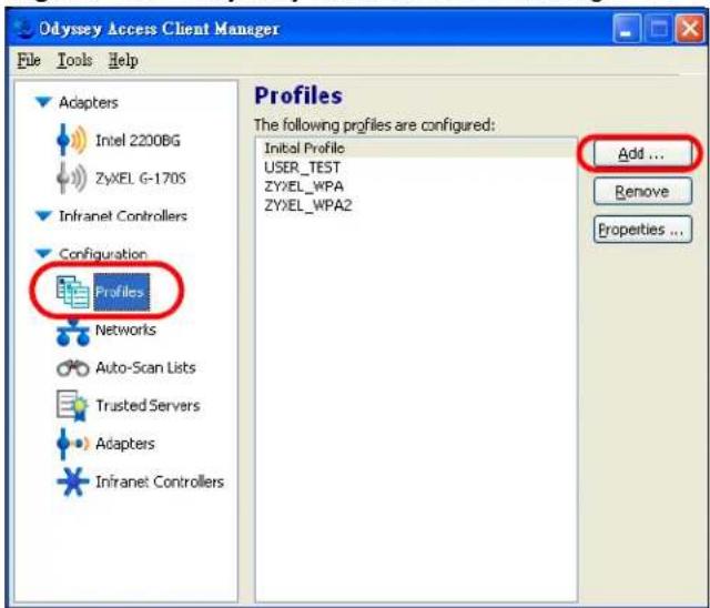 Odyssey Access Client Manager File Tools Help Profiles The following profiles are configured: Initial Profile USER_TEST ZYXEL_WPA ZYXEL_WPA2 Add ... Remove Properties ...