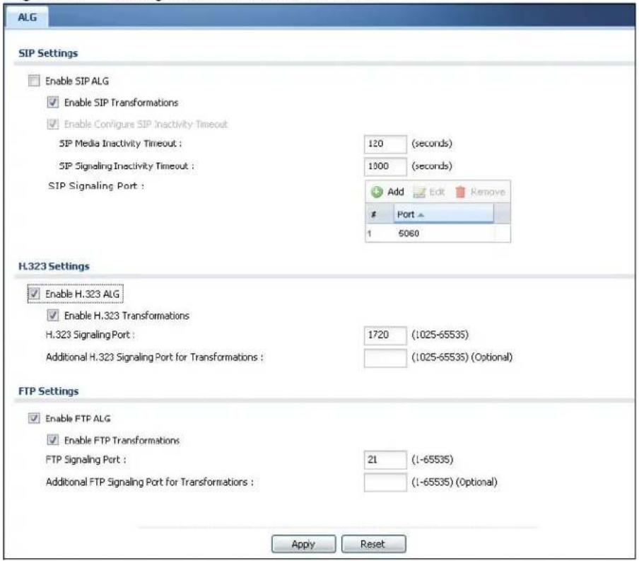 ALG SIP Settings Enable SIP ALG Enable SIP Transformations Enable Configure SIP Inactivity Timeout SIP Media Inactivity Timeout : 120 (seconds) SIP Signaling Inactivity Timeout : 1000 (seconds) SIP Signaling Port : Add Edit Remove Port ▲ 1 5060 H.323 Settings Enable H.323 ALG Enable H.323 Transformations H.323 Signaling Port : 1720 (1025-65535) Additional H.323 Signaling Port for Transformations : (1025-65535) (Optional) FTP Settings Enable FTP ALG Enable FTP Transformations FTP Signaling Port : 21 (1-65535) Additional FTP Signaling Port for Transformations : (1-65535) (Optional) Apply Reset