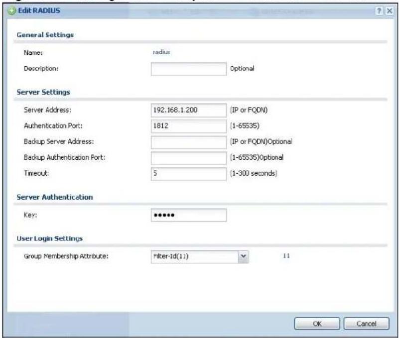 Edit RADIUS General Settings Name: radius Description: Optional Server Settings Server Address: 192.168.1.200 (IP or FQDN) Authentication Port: 1812 (1-65535) Backup Server Address: (IP or FQDN)Optional Backup Authentication Port: (1-65535)Optional Timeout: 5 (1-300 seconds) Server Authentication Key: •••••• User Login Settings Group Membership Attribute: Filter-Id(1:) 11 OK Cancel