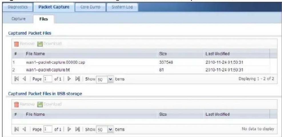 Diagnostics Packet Capture Core Dumo System Log Capture Files Captured Packet Files File Name Size Last Modified 1 wan1-packet-capture.00000.cap 367548 2010-11-24 01:50:31 2 wan1-packet-capture.bt 81 2010-11-24 01:50:31 Displaying 1 - 2 of 2 Captured Packet Files in USB storage File Name Size Last Modified Page 1 of 1 Show 50tems No data to display