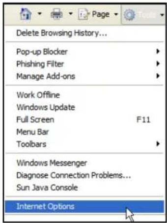 Delete Browsing History... Pop-up Blocker Phishing Filter Manage Add-ons Work Offline Windows Update Full Screen F11 Menu Bar Toolbars Windows Messenger Diagnose Connection Problems... Sun Java Console Internet Options