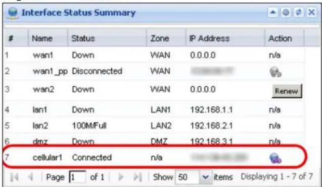 Interface Status Summary Name Status Zone IP Address Action 1 wan1 Down WAN 0.0.0.0 n/a 2 wan1_pp Disconnected WAN 3 wan2 Down WAN 0.0.0.0 Renew 4 lan1 Down LAN1 192.168.1.1 n/a 5 lan2 100M/Full LAN2 192.168.2.1 n/a 6 dmz Down DMZ 192.168.3.1 n/a 7 cellular1 Connected n/a Page 1 of 1 Show 50 items Displaying 1 - 7 of 7