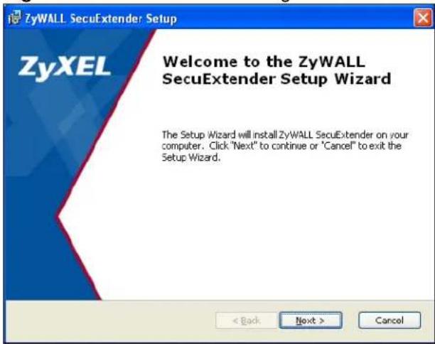 ZyWALL SecuExtender Setup ZyXEL Welcome to the ZyWALL SecuExtender Setup Wizard The Setup Wizard will install ZyWALL SecuExtender on your computer. Click 'Next' to continue or 'Cancel' to exit the Setup Wizard. < Back Next > Cancel