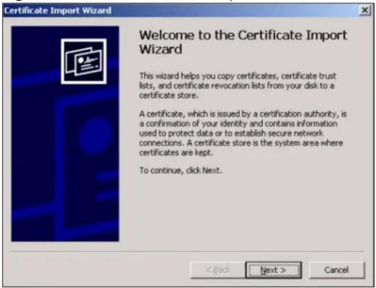 Certificate Import Wizard Welcome to the Certificate Import Wizard This wizard helps you copy certificates, certificate trust lists, and certificate revocation lists from your disk to a certificate store. A certificate, which is issued by a certification authority, is a confirmation of your identity and contains information used to protect data or to establish secure network connections. A certificate store is the system area where certificates are kept. To continue, click Next.