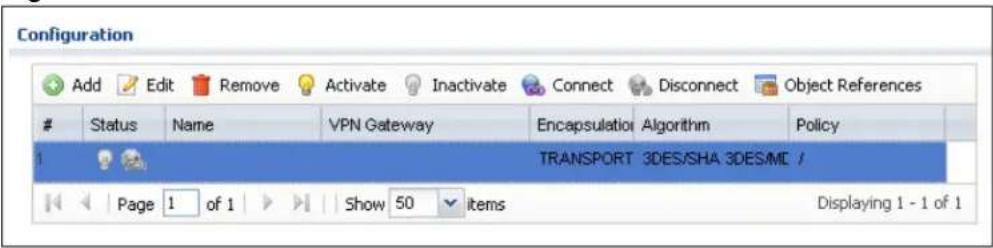 Configuration Add Edit Remove Activate Inactivate Connect Disconnect Object References Status Name VPN Gateway Encapsulation Algorithm Policy 1 TRANSPORT 3DES/SHA 3DES/MC / Page 1 of 1 Show 50 items Displaying 1 - 1 of 1