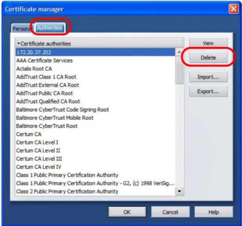 Certificate manager Personal Authorities •Certificate authorities 172.20.37.202 AAA Certificate Services Actalis Root CA AddTrust Class 1 CA Root AddTrust External CA Root AddTrust Public CA Root AddTrust Qualified CA Root Baltimore CyberTrust Code Signing Root Baltimore CyberTrust Mobile Root Baltimore CyberTrust Root Certum CA Certum CA Level I Certum CA Level II Certum CA Level III Certum CA Level IV Class 1 Public Primary Certification Authority Class 1 Public Primary Certification Authority - G2, (c) 1998 VeriSig... Class 2 Public Primary Certification Authority View Delete Import... Export... OK Cancel Help