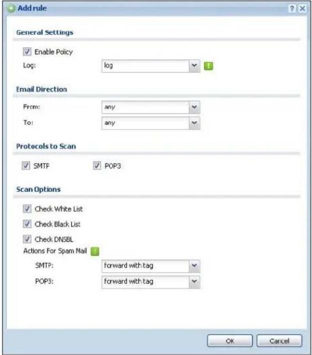 Add rule General Settings Enable Policy Log: log Email Direction From: any To: any Protocols to Scan SMTP POP3 Scan Options Check White List Check Black List Check DN5BL Actions For Spam Mail SMTP: forward with tag POP3: forward with tag Ok Cancel