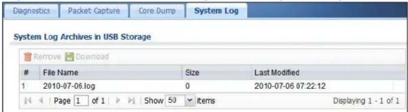 Diagnostics Packet Capture Core Dump System Log System Log Archives in USB Storage Remove Download File Name Size Last Modified 1 2010-07-06.log 0 2010-07-06 07:22:12 Page 1 of 1 Show 50 Items Displaying 1 - 1 of 1