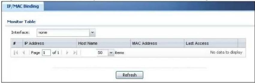 IP/MAC Binding Monitor Table Interface: none IP Address Host Name MAC Address Last Access Page 1 of 1 50 Items No data to display Refresh