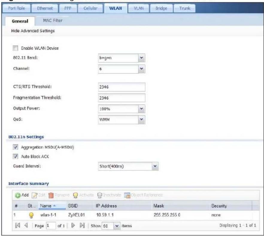 Port Role Ethernet PPP Cellular WLAN VLAN Bridge Trunk General MAC Filter Hide Advanced Settings Enable WLAN Device 802.11 Band: b+g+n Channel: 6 CTS/RTS Threshold: 2346 Fragmentation Threshold: 2346 Output Power: 100% QoS: WMM 802.11n Settings Aggregation MSDU(A-MSDU) Auto Block ACK Guard Interval: Short(400ns) Interface Summary Add Edit Remove Activate Inactivate Object Reference St... Name SSID IP Address Mask Security 1 wlan-1-1 ZyXEL01 10.59.1.1 255.255.255.0 none Page 1 of 1 Show 50 items Displaying 1 - 1 of 1