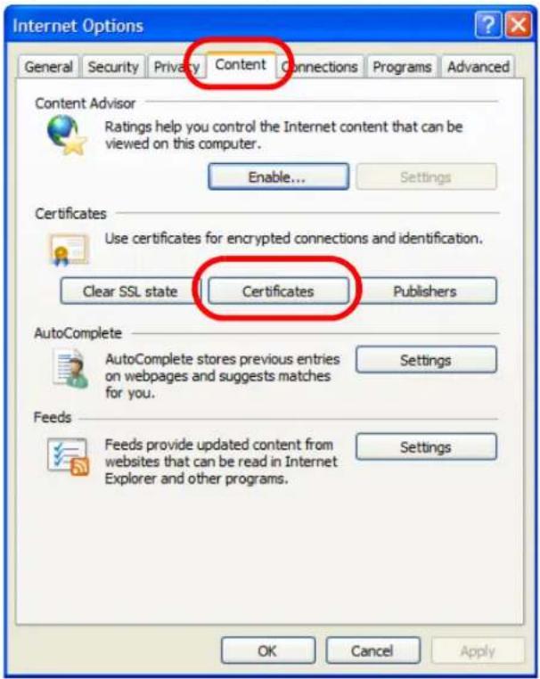 Internet Options General Security Privacy Content Connections Programs Advanced Content Advisor Ratings help you control the Internet content that can be viewed on this computer. Enable... Settings Certificates Use certificates for encrypted connections and identification. Clear SSL state Certificates Publishers AutoComplete AutoComplete stores previous entries on webpages and suggests matches for you. Settings Feeds Feeds provide updated content from websites that can be read in Internet Explorer and other programs. Settings OK Cancel Apply