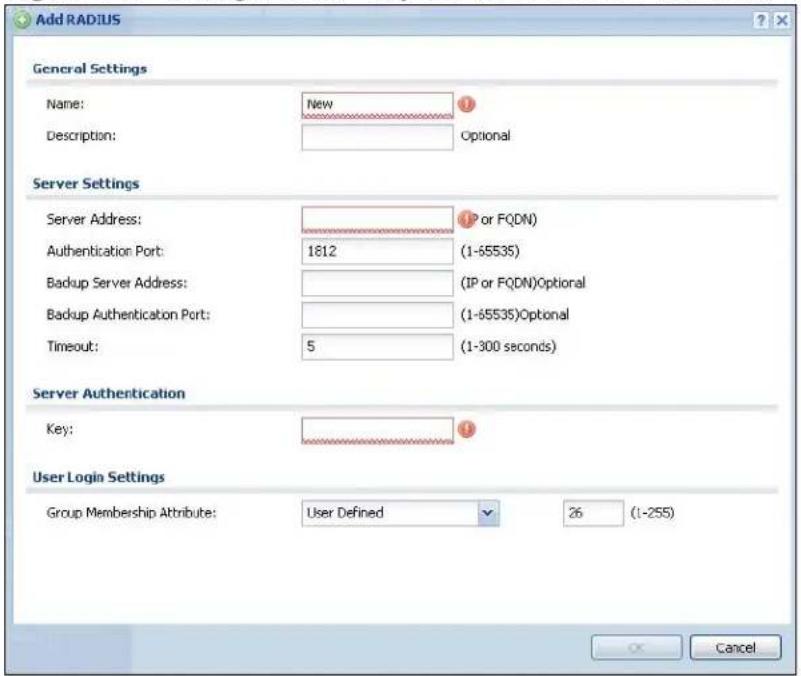 Add RADIUS General Settings Name: New Description: Optional Server Settings Server Address: (IP or FQDN) Authentication Port: 1812 (1-65535) Backup Server Address: (IP or FQDN)Optional Backup Authentication Port: (1-65535)Optional Timeout: 5 (1-300 seconds) Server Authentication Key: User Login Settings Group Membership Attribute: User Defined 26 (1-255) Cancel