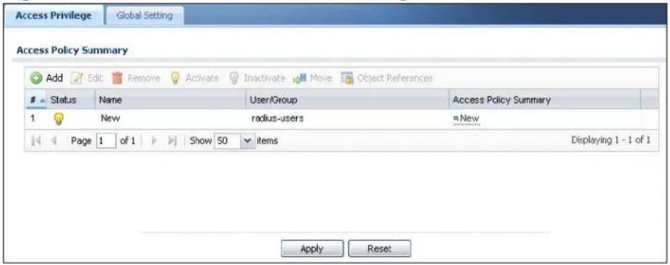 Access Privilege Global Setting Access Policy Summary Add Edit Remove Activate Inactivate Move Object References Status Name User/Group Access Policy Summary 1 New radius-users New Page 1 of 1 Show 50 items Displaying 1 - 1 of 1 Apply Reset