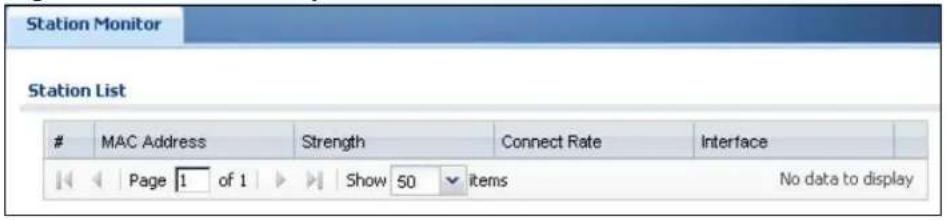 Station Monitor Station List MAC Address Strength Connect Rate Interface Page 1 of 1 Show 50 items No data to display
