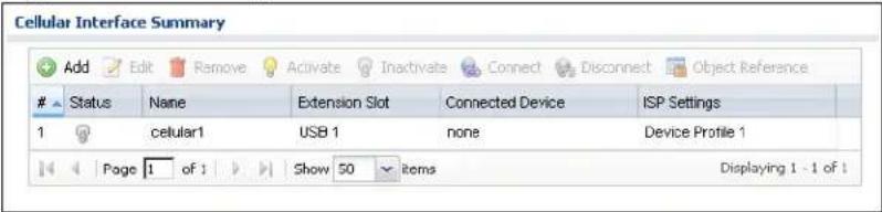 Cellular Interface Summary Add Edit Remove Activate Inactivate Connect Disconnect Object Reference Status None Extension Slot Connected Device ISP Settings 1 cellular1 USB 1 none Device Profile 1 Page 1 of 1 Show 50 items Displaying 1 - 1 of 1