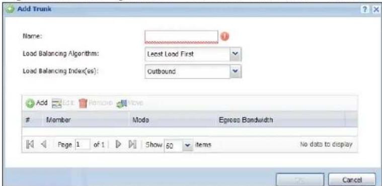 Add Trunk Name: Load Balancing Algorithm: Least Load First Load Balancing Index(es): Outbound Add Edit Remove Move Member Mode Egress Bandwidth Page 1 of 1 Show 60 items No data to display Cancel