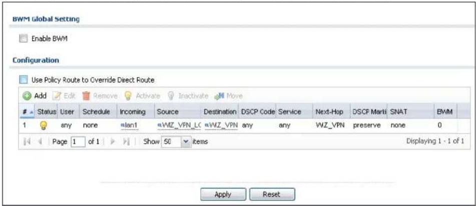 BWM Global Setting Enable BWM Configuration Use Policy Route to Override Direct Route Add Edit Remove Activate Inactivate Move Status User Schedule Incoming Source Destination DSCP Code Service Next-Hop DSCP Marti SNAT BWM 1 any none plan1 VMZ_VPN_LC VWZ_VPN any any VWZ_VPN preserve none 0 Page 1 of 1 Show 50 items Displaying 1 - 1 of 1 Apply Reset