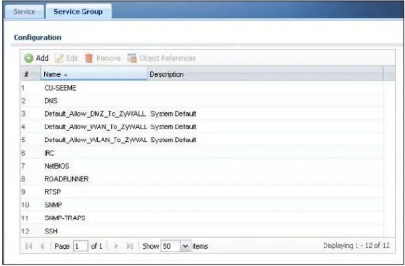Service Service Group Configuration Add Edit Remove Object References Name Description 1 CU-SEEME 2 DNS 3 Default_Allow_DMZ_To_ZYWALL System Default 4 Default_Allow_WAN_To_ZYWALL System Default 5 Default_Allow_WLAN_To_ZYWALL System Default 6 IRC 7 NetBIOS 8 ROADRUNNER 9 RTSP 10 SNMP 11 SNMP-TRAPS 12 SSH Page 1 of 1 Show 50 items Displaying ! - 12 of 12