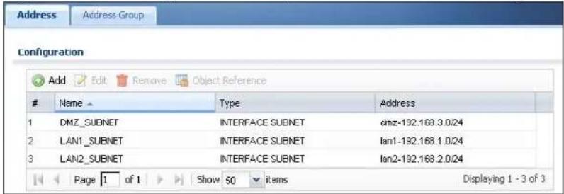 Address Address Group Configuration Add Edit Remove Object Reference Name Type Address 1 DMZ_SUBNET INTERFACE SUBNET dmz-192.168.3.0.24 2 LAN1_SUBNET INTERFACE SUBNET lan1-192.168.1.0.24 3 LAN2_SUBNET INTERFACE SUBNET lan2-192.168.2.0.24 Page 1 of 1 Show 50 items Displaying 1 - 3 of 3