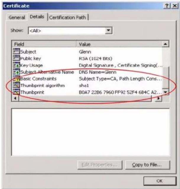 Certificate General Details Certification Path Show: Field Value Subject Glenn Public key RSA (1024 Bits) Key Usage Digital Signature , Certificate Signing(... Subject Alternative Name DNS Name=Glenn Basic Constraints Subject Type=CA, Path Length Cons... Thumbprint algorithm sha1 Thumbprint B0A7 22B6 7960 FF92 52F4 684C A2... Edit Properties... Copy to File... OK