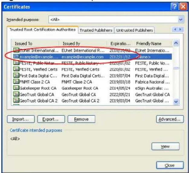 Certificates Intended purpose: Trusted Root Certification Authorities Trusted Publishers Untrusted Publishers Issued To Issued By Expiratio... Friendly Name EUnet International... EUnet International R... 2018/10/03 EUnet Internatio... example@example.com 2012/11/12 None> FESTE, Public Notar... FESTE, Public Notary... 2020/01/02 FESTE, Public No... FESTE, Verified Certs FESTE, Verified Certs 2020/01/02 FESTE, Verified ... First Data Digital C... First Data Digital Certi... 2019/07/04 First Data Digital... FNMT Class 2 CA FNMT Class 2 CA 2019/03/18 Fabrica Nacional ... Gatekeeper Root CA Gatekeeper Root CA 2014/05/24 eSign Australia: ... GeoTrust Global CA GeoTrust Global CA 2022/05/21 GecTrust Global CA GeoTrust Global CA 2 GeoTrust Global CA 2 2019/03/04 GecTrust Global ... Import... Export... Remove Advanced... Certificate intended purposes View Close