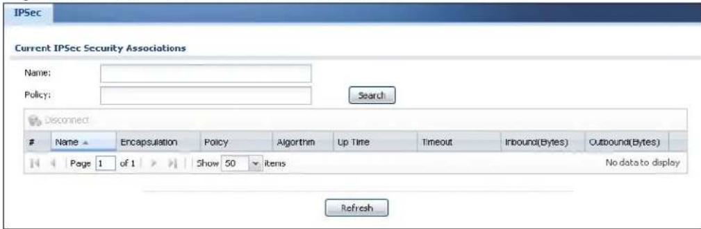 IPSec Current IPSec Security Associations Name: Policy: Search Disconnect Name ▲ Encapsulation Policy Algorithm Up Time Timeout Inbound(Bytes) Outbound(Bytes) 14 4 Page 1 of 1 Show 50 items No data to display Refresh