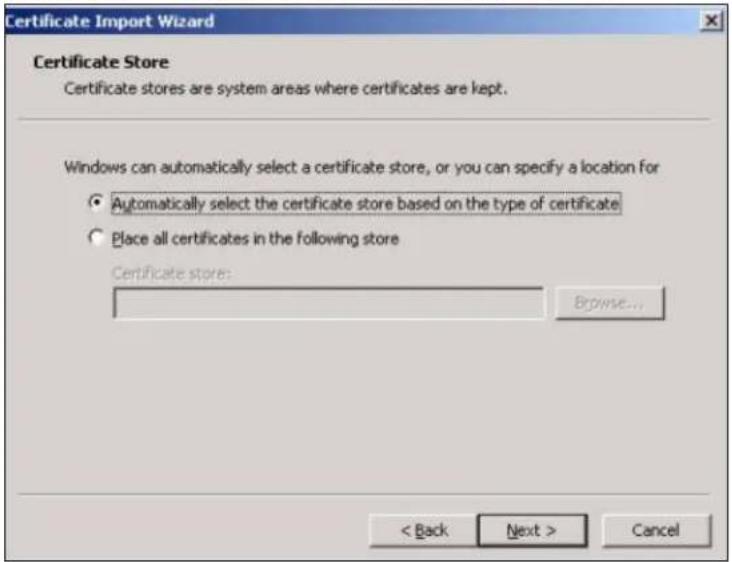 Certificate Import Wizard Certificate Store Certificate stores are system areas where certificates are kept. Windows can automatically select a certificate store, or you can specify a location for • Automatically select the certificate store based on the type of certificate • Place all certificates in the following store Certificate store: Browse... < Back Next > Cancel
