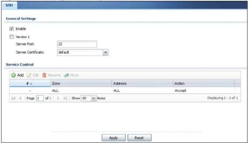 SSH General Settings Enable Version 1 Server Port: 22 Server Certificate: default Service Control Add Edit Remove Move Zone Address Action - ALL ALL Accept Page 1 of 1 Show 60 items Displaying 1 - 1 of 1 Apply Reset