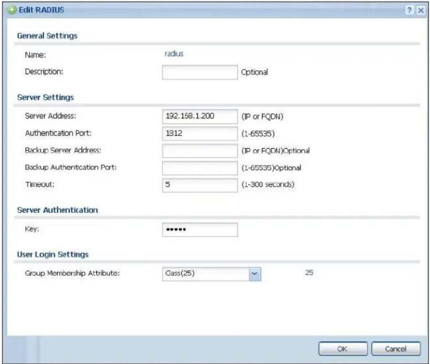 Edit RADIUS General Settings Name: radius Description: Optional Server Settings Server Address: 192.168.1.200 (IP or FQDN) Authentication Port: 1812 (1-65535) Backup Server Address: (IP or FQDN)Optional Backup Authentication Port: (1-65535)Optional Timeout: 5 (1-300 seconds) Server Authentication Key: •••••• User Login Settings Group Membership Attribute: Class(25) 25 OK Cancel