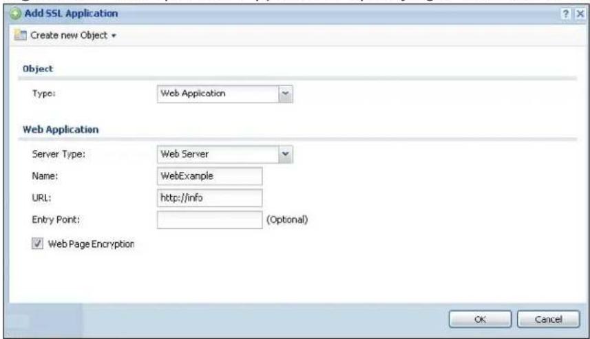 Add SSL Application Create new Object * Object Type: Web Application Web Application Server Type: Web Server Name: WebExample URL: http://info Entry Point: (Optional) ✓ Web Page Encryption OK Cancel