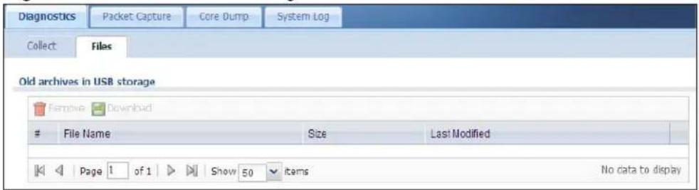 Diagnostics Packet Capture Core Dump System Log Collect Files Old archives in USB storage Remove Download # File Name Size Last Modified Page 1 of 1 Show 50 items No data to display